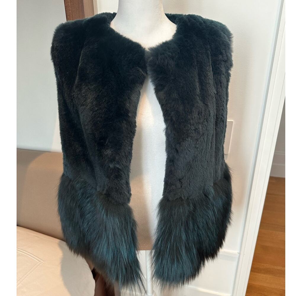 RARE Co Collection Peplum Fur Vest Forest Green size S Fox & Hare Fur Silk lined - Picture 6 of 16